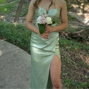 Strapless Sage Green Prom Dress with Front Slit